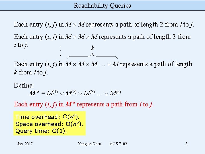 Reachability Queries Each entry (i, j) in M M represents a path of length