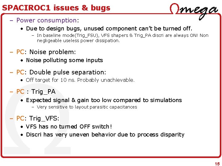 SPACIROC 1 issues & bugs – Power consumption: • Due to design bugs, unused
