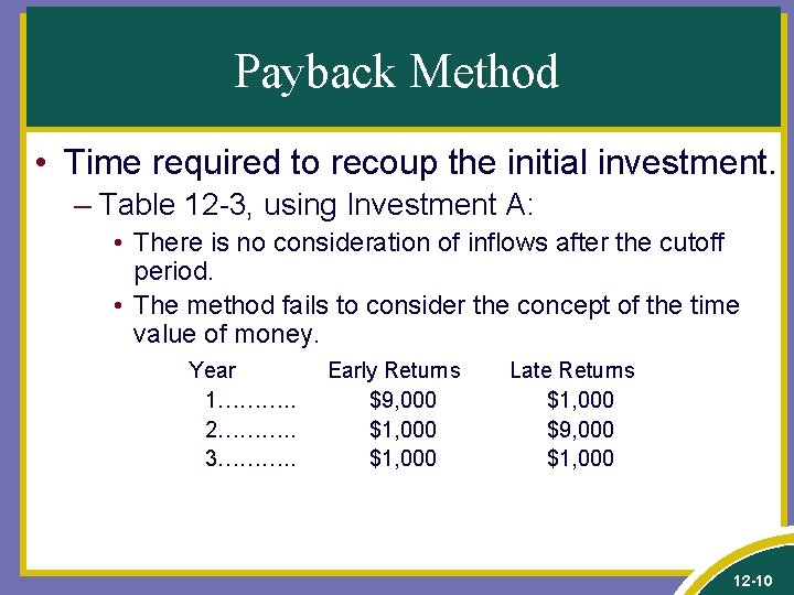 Payback Method • Time required to recoup the initial investment. – Table 12 -3,