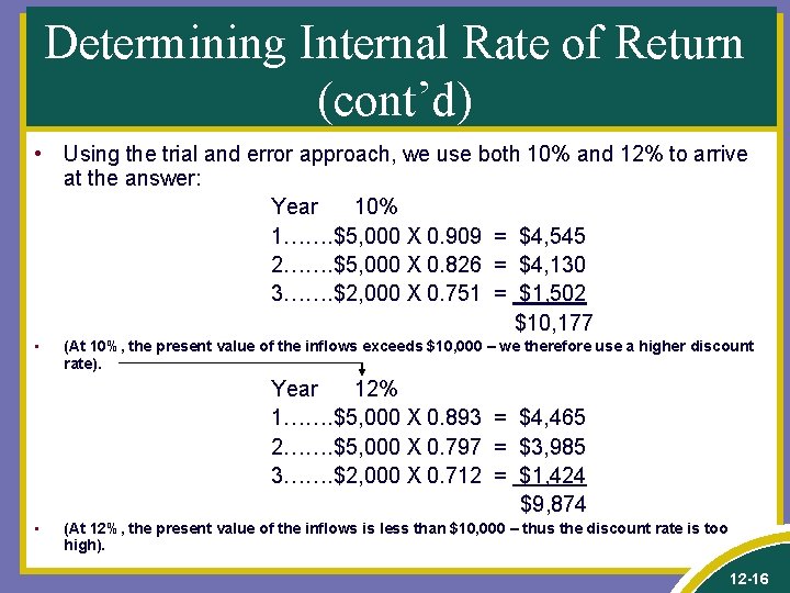 Determining Internal Rate of Return (cont’d) • Using the trial and error approach, we