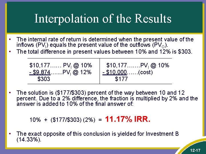 Interpolation of the Results • The internal rate of return is determined when the