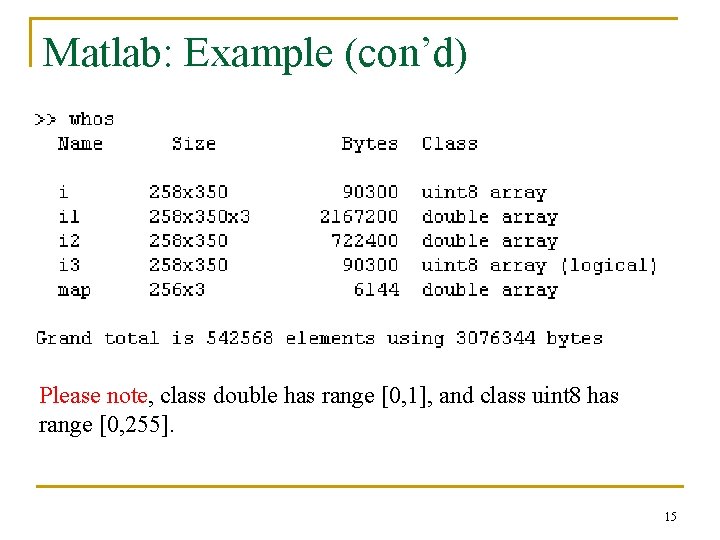 Matlab: Example (con’d) Please note, class double has range [0, 1], and class uint