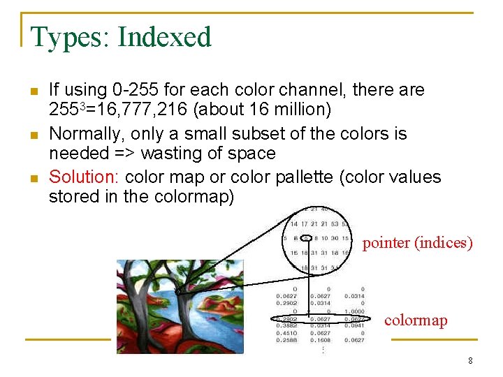 Types: Indexed n n n If using 0 -255 for each color channel, there