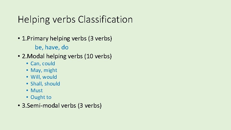 Helping verbs Classification • 1. Primary helping verbs (3 verbs) be, have, do •
