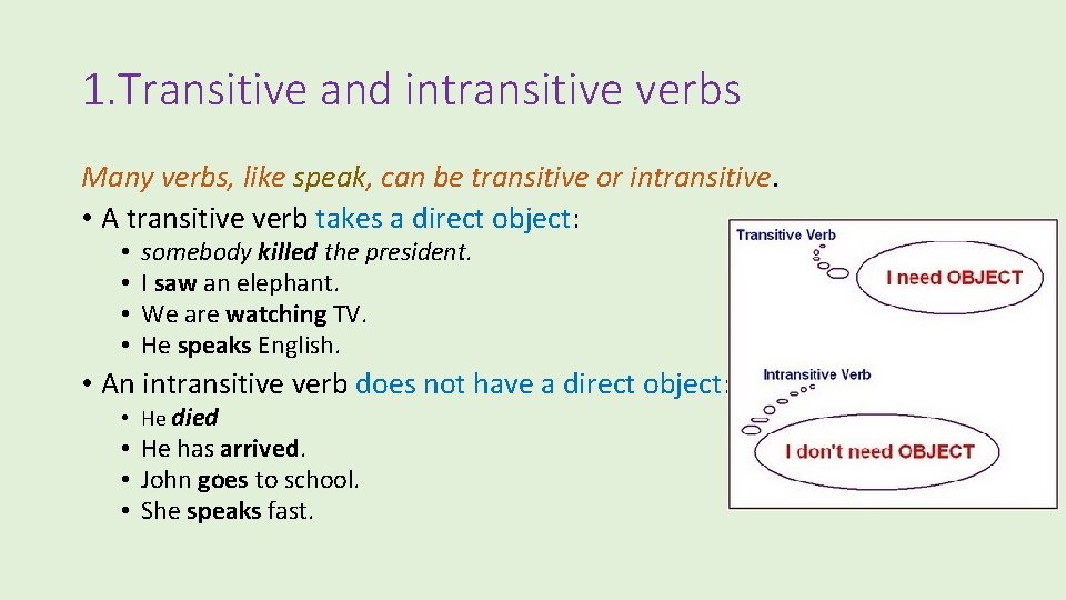 1. Transitive and intransitive verbs Many verbs, like speak, can be transitive or intransitive.