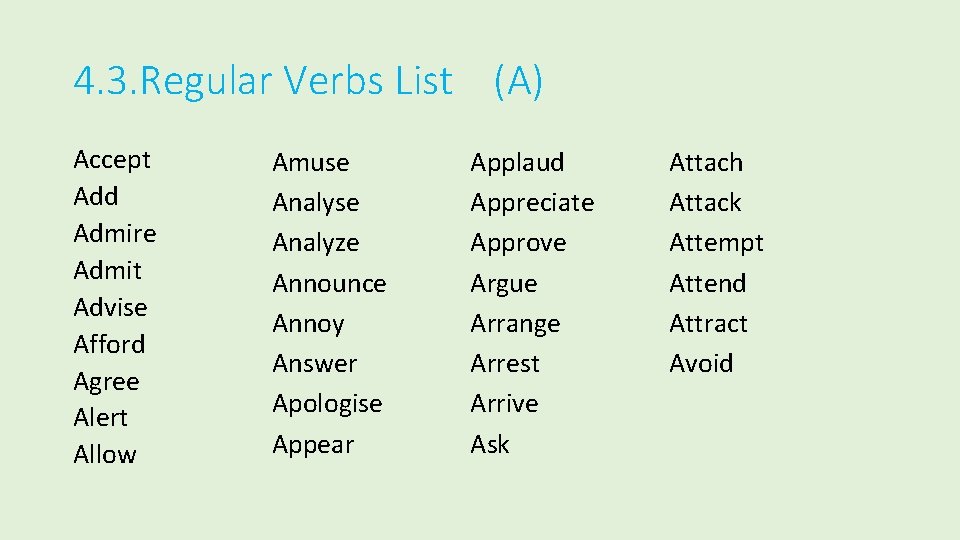 4. 3. Regular Verbs List (A) Accept Add Admire Admit Advise Afford Agree Alert