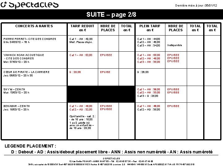 Dernière mise à jour : 05/01/12 SUITE – page 2/8 CONCERTS A NANTES TARIF