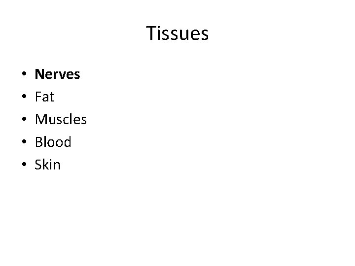 Tissues • • • Nerves Fat Muscles Blood Skin 