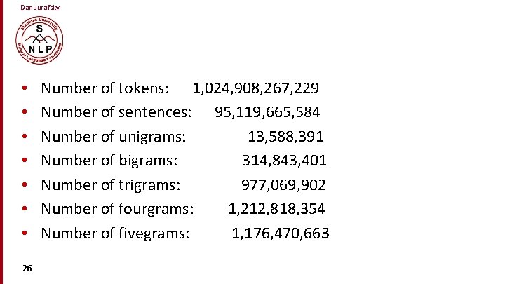Dan Jurafsky • • 26 Number of tokens: 1, 024, 908, 267, 229 Number