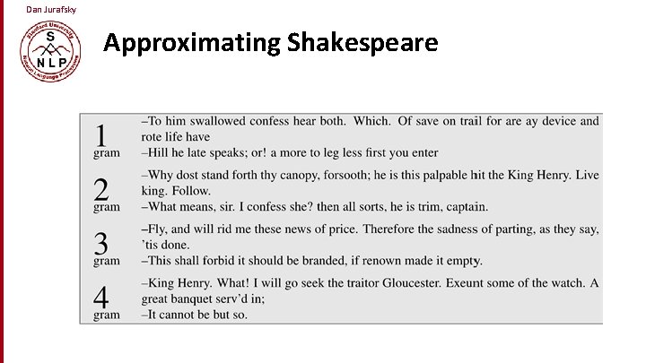 Dan Jurafsky Approximating Shakespeare 
