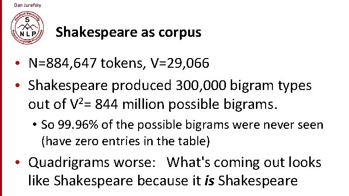 Dan Jurafsky Shakespeare as corpus • N=884, 647 tokens, V=29, 066 • Shakespeare produced