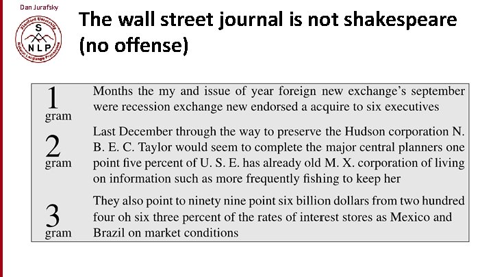Dan Jurafsky The wall street journal is not shakespeare (no offense) 
