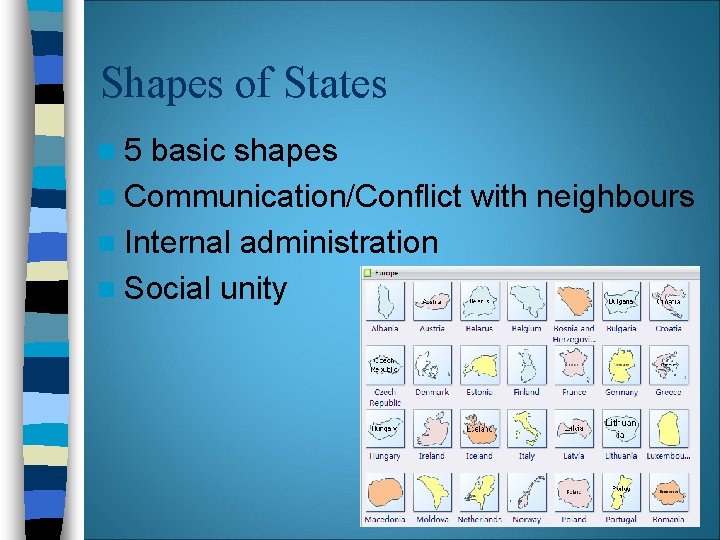 Shapes of States n 5 basic shapes n Communication/Conflict with neighbours n Internal administration Shapes of States n 5 basic shapes n Communication/Conflict with neighbours n Internal administration