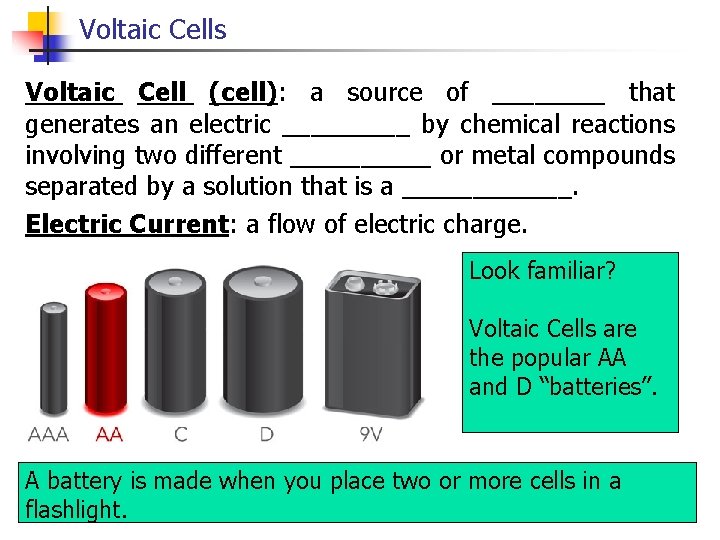 Voltaic Cells Voltaic Cell (cell): a source of ____ that generates an electric _____
