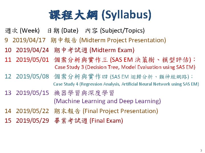 課程大綱 (Syllabus) 週次 (Week) 日期 (Date) 內容 (Subject/Topics) 9 2019/04/17 期中報告 (Midterm Project Presentation)