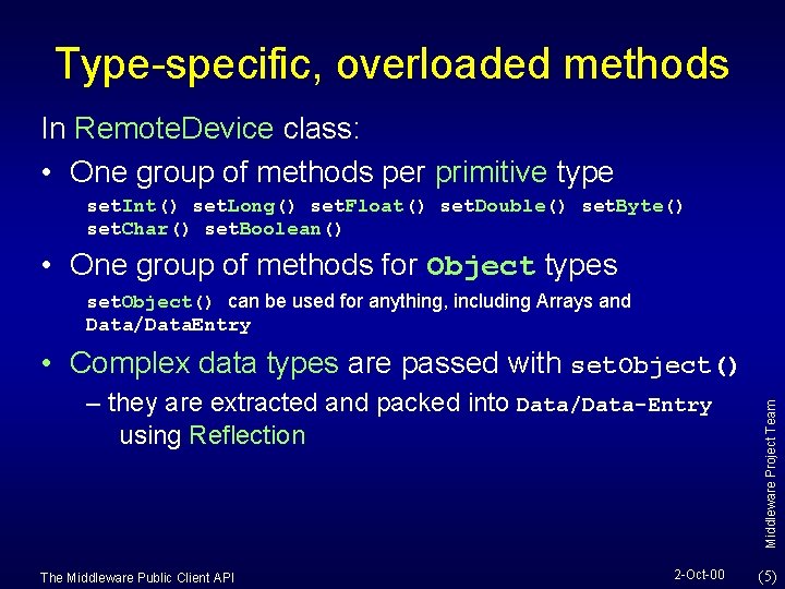 Type-specific, overloaded methods In Remote. Device class: • One group of methods per primitive