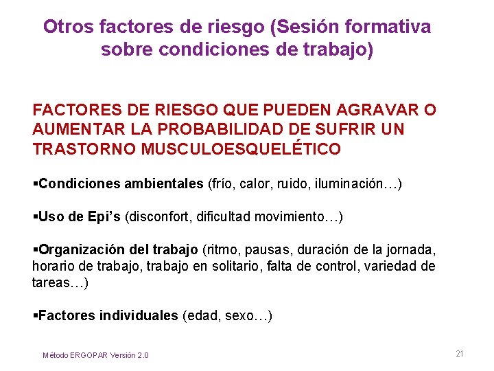 Otros factores de riesgo (Sesión formativa sobre condiciones de trabajo) FACTORES DE RIESGO QUE