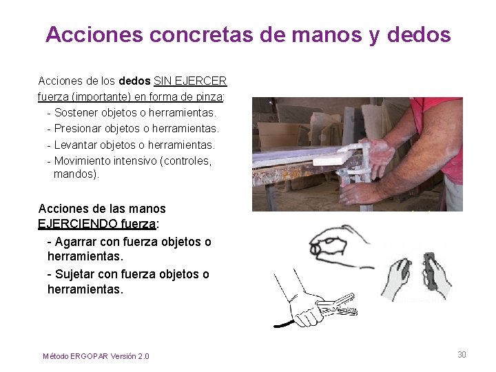 Acciones concretas de manos y dedos Acciones de los dedos SIN EJERCER fuerza (importante)