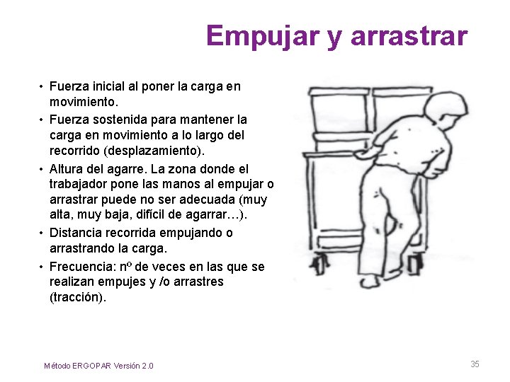 Empujar y arrastrar • Fuerza inicial al poner la carga en movimiento. • Fuerza