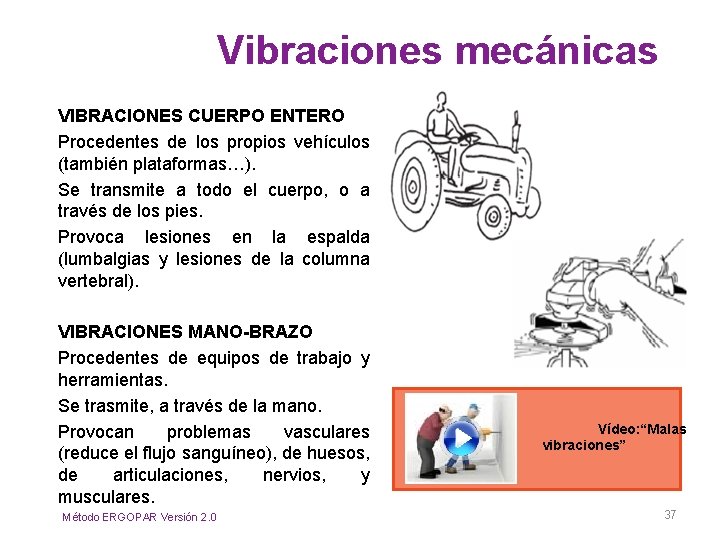 Vibraciones mecánicas VIBRACIONES CUERPO ENTERO Procedentes de los propios vehículos (también plataformas…). Se transmite