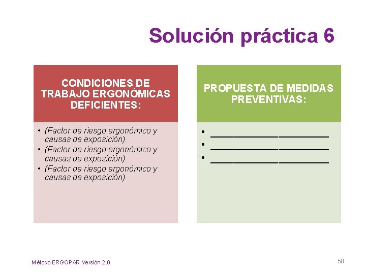 Solución práctica 6 CONDICIONES DE TRABAJO ERGONÓMICAS DEFICIENTES: • (Factor de riesgo ergonómico y