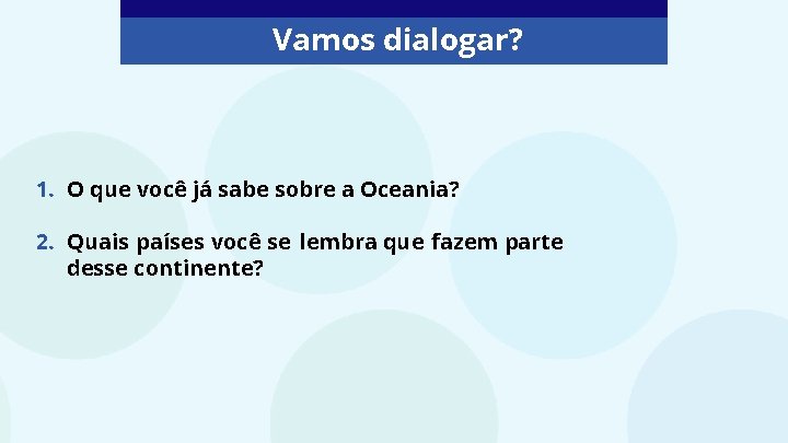 Vamos dialogar? 1. O que você já sabe sobre a Oceania? 2. Quais países