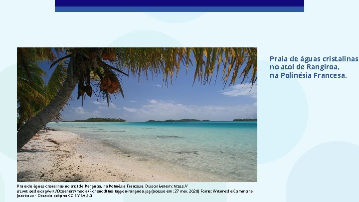 Praia de águas cristalinas no atol de Rangiroa, na Polinésia Francesa. Disponível em: https: