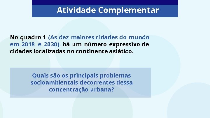 Atividade Complementar No quadro 1 (As dez maiores cidades do mundo em 2018 e