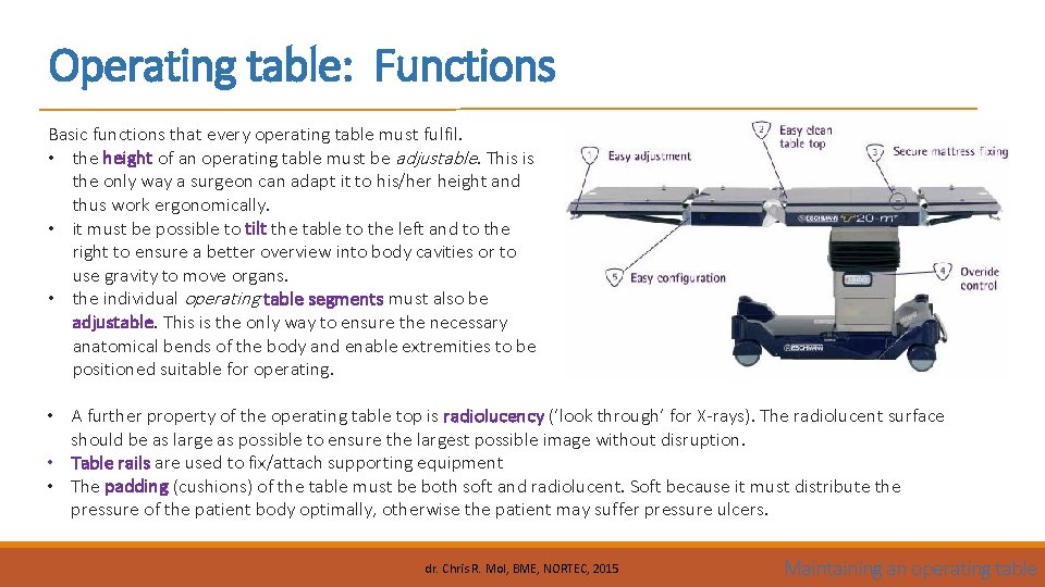 Operating table: Functions Basic functions that every operating table must fulfil. • the height