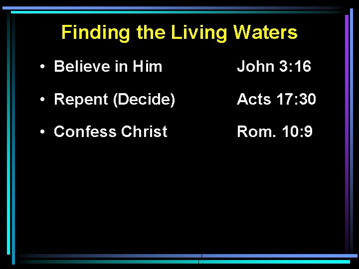 Finding the Living Waters • Believe in Him John 3: 16 • Repent (Decide)