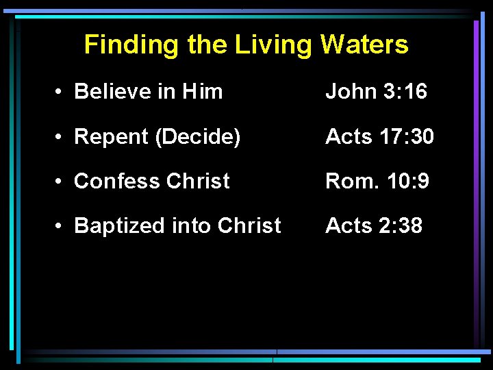 Finding the Living Waters • Believe in Him John 3: 16 • Repent (Decide)