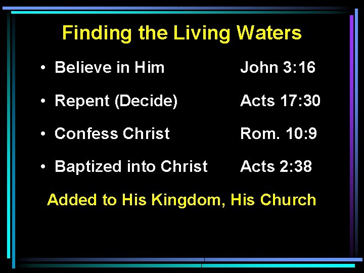 Finding the Living Waters • Believe in Him John 3: 16 • Repent (Decide)