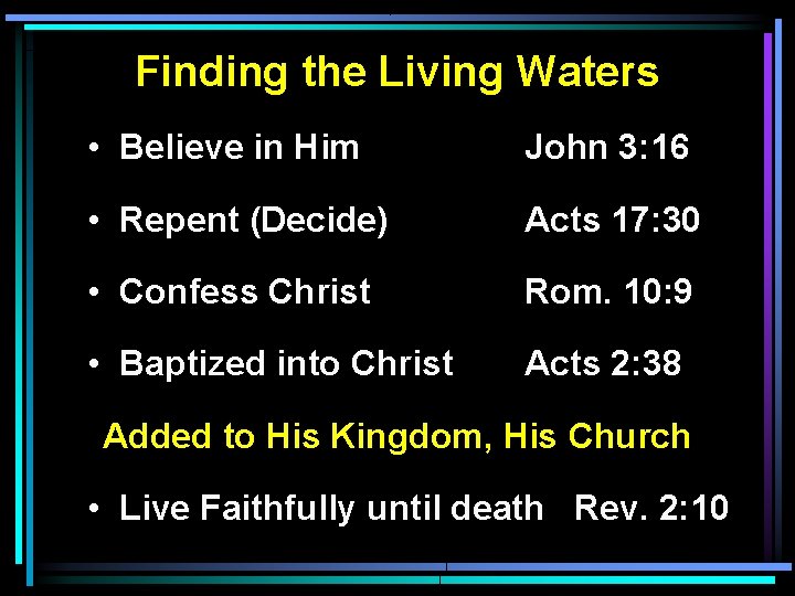 Finding the Living Waters • Believe in Him John 3: 16 • Repent (Decide)