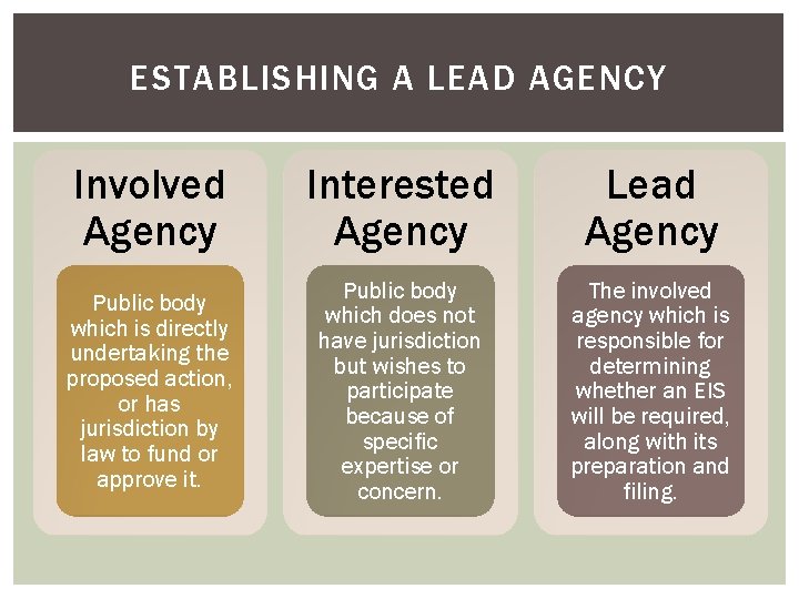 ESTABLISHING A LEAD AGENCY Involved Agency Interested Agency Lead Agency Public body which is