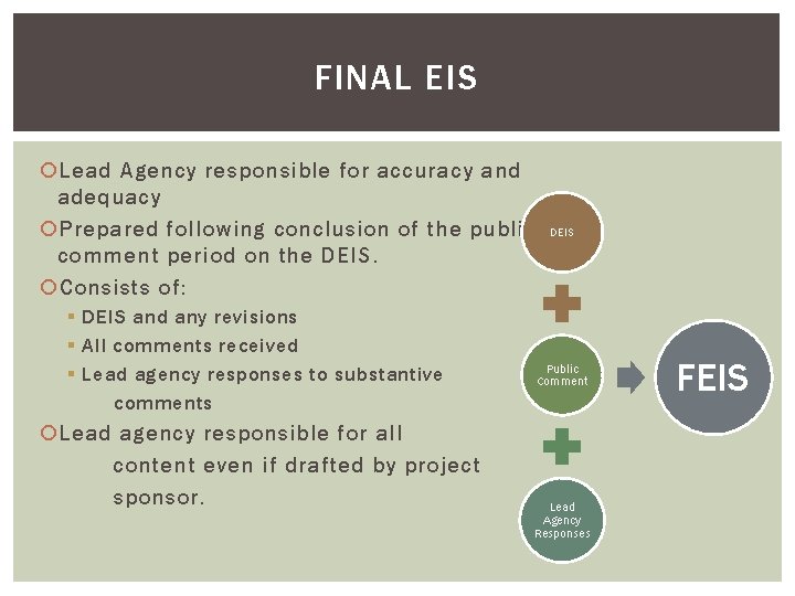 FINAL EIS Lead Agency responsible for accuracy and adequacy Prepared following conclusion of the