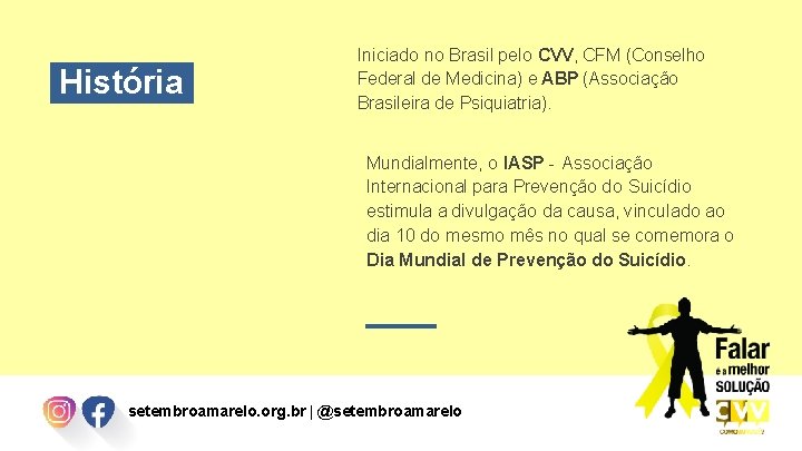 História Iniciado no Brasil pelo CVV, CFM (Conselho Federal de Medicina) e ABP (Associação