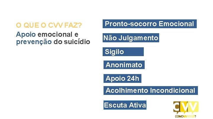 O QUE O CVV FAZ? Apoio emocional e prevenção do suicídio Pronto-socorro Emocional Não