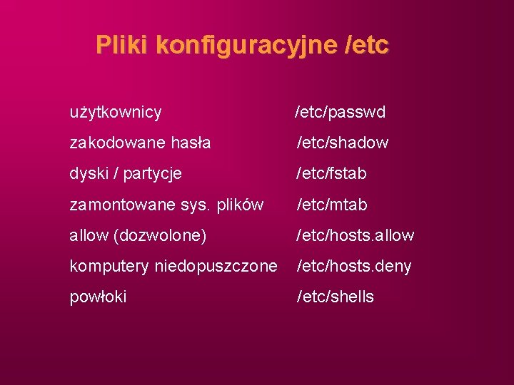 Pliki konfiguracyjne /etc użytkownicy /etc/passwd zakodowane hasła /etc/shadow dyski / partycje /etc/fstab zamontowane sys.
