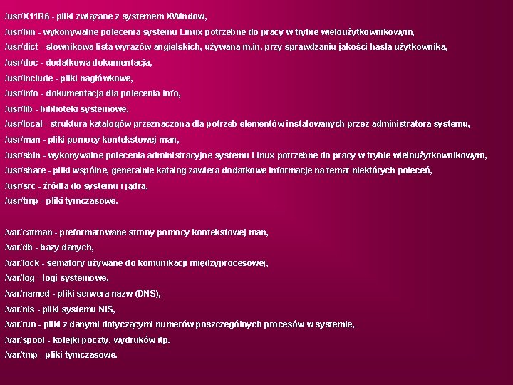 /usr/X 11 R 6 - pliki związane z systemem XWindow, /usr/bin - wykonywalne polecenia
