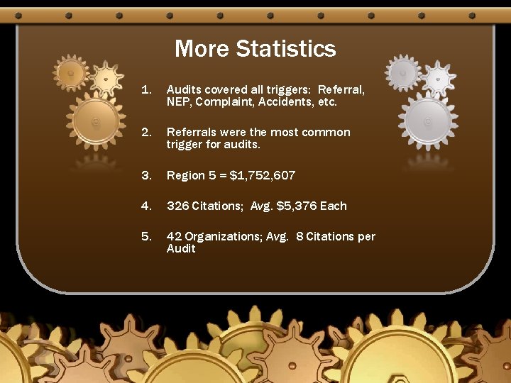 More Statistics 1. Audits covered all triggers: Referral, NEP, Complaint, Accidents, etc. 2. Referrals