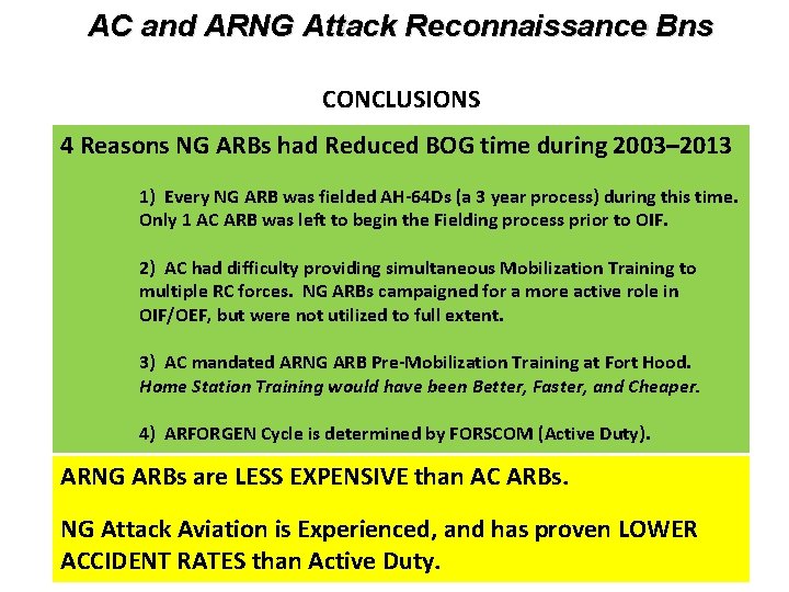 AC and ARNG Attack Reconnaissance Bns CONCLUSIONS 4 Reasons NG ARBs had Reduced BOG