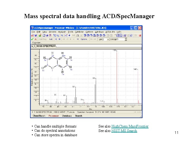 Mass spectral data handling ACD/Spec. Manager • Can handle multiple formats • Can do