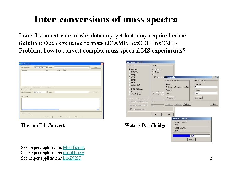 Inter-conversions of mass spectra Issue: Its an extreme hassle, data may get lost, may