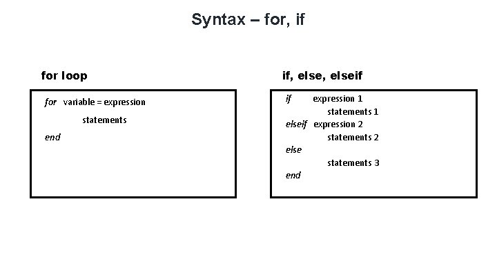 Syntax – for, if for loop for variable = expression statements end if, elseif Syntax – for, if for loop for variable = expression statements end if, elseif