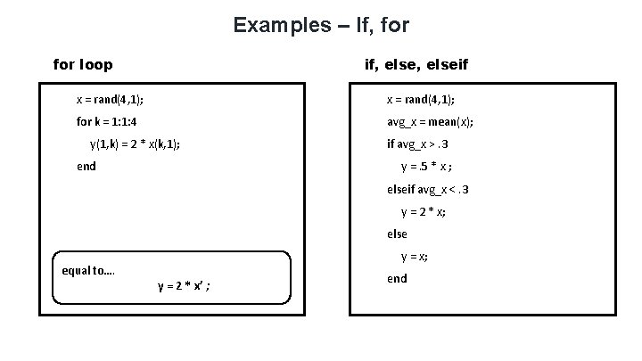 Examples – If, for loop if, elseif x = rand(4, 1); for k = Examples – If, for loop if, elseif x = rand(4, 1); for k =