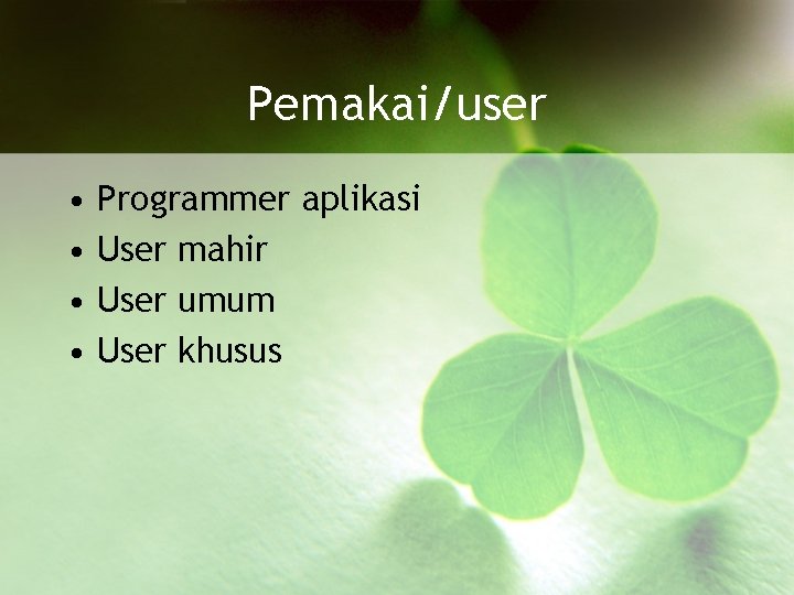 Pemakai/user • • Programmer aplikasi User mahir User umum User khusus 