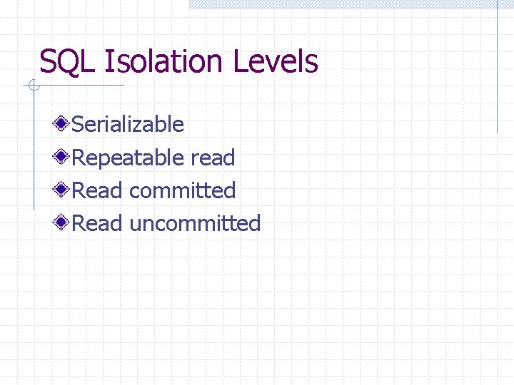 SQL Isolation Levels Serializable Repeatable read Read committed Read uncommitted 