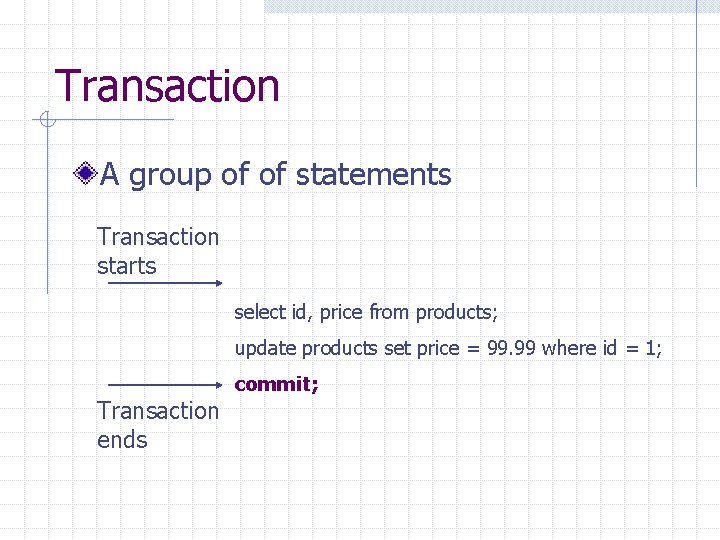 Transaction A group of of statements Transaction starts select id, price from products; update