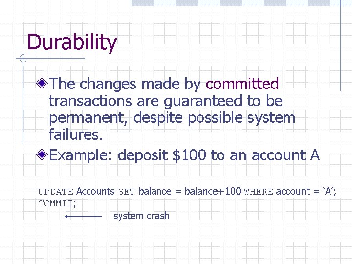 Durability The changes made by committed transactions are guaranteed to be permanent, despite possible