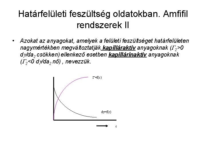 Határfelületi feszültség oldatokban. Amfifil rendszerek II • Azokat az anyagokat, amelyek a felületi feszültséget